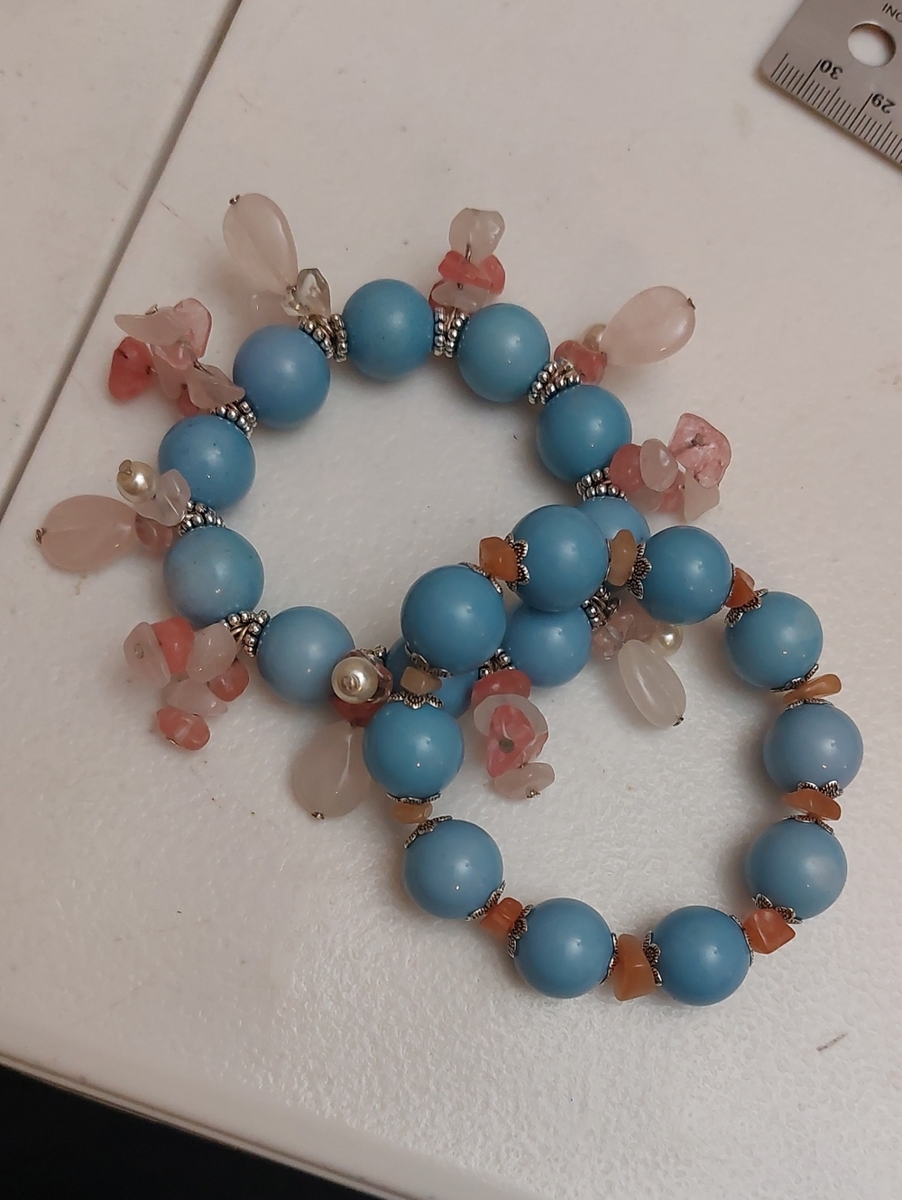 Mixed Media Stretch Bracelet Plastic Quartz Metal Set Of 2 Stackable